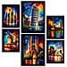 Set Di 6 Stampe Arancione In Stile Dipinto A Olio. Illustrazioni Di Monumenti E Città In Stile Fotografico A Colori. A3 & A4 Cornice Nera - Foto miniatura 1