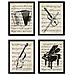 Set Di 4 Stampe Sfondo Con Pentagramma Musicale Raffigurazione In Primo Piano Di Strumenti Musicali Pianoforte Violino Violoncello Cornice Nera A4 - Foto miniatura 1