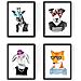Set Di 4 Stampe Con Simpatici Animali Rappresentazioni Di Cane Gatto Giraffa E Volpe Ritratti In Umano Con Animali Arreda Cameretta Senza Cornice A4 - Foto miniatura 1