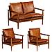 Set Divani 3 Pz In Vera Pelle E Legno Massello Acacia Marrone - Foto miniatura 1