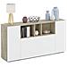 Credenza Moderna Bianca, 3 Ante Battenti, Con Vani A Giorno, Buffet Da Soggiorno Con 3 Ante Battenti, Porta Tv, Cm 150 X 76 X 41, Colore Bianco E Rovere - Foto miniatura 1
