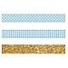 2 Masking Tape A Scacchi Bianco E Blu + Washi Tape Dorato 5 M - Foto miniatura 1