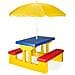 Tavolo picnic da giardino per bambini con ombrellone e panchina, giallo, blu e rosso - Foto miniatura 2