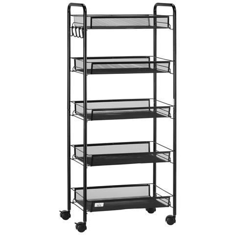 Carrello Da Cucina Salvaspazio A 5 Livelli Con Cestini A Rete In Acciaio, 45x26.5x106cm, Nero - Foto 1