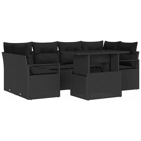 Set divano da giardino 7 pezzi con cuscini Polyrattan nero, Divano da giardino a 2 posti con spazio di stoccaggio e cuscini Polyrattan nero - Foto 1