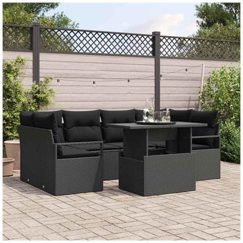 Set divano da giardino 7 pezzi con cuscini Polyrattan nero, Divano da giardino a 2 posti con spazio di stoccaggio e cuscini Polyrattan nero - Foto 2