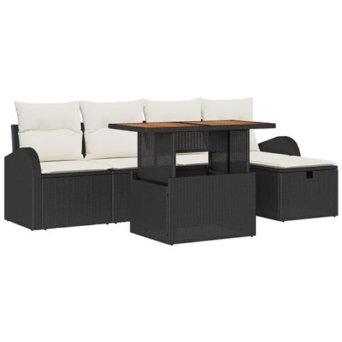 Set Divano da Giardino 6 Pezzi con Cuscini Nero Rattan Sintetico, Divano da Giardino 2 Posti con Ripostiglio e Cuscini Nero Rattan Sintetico - Foto 1