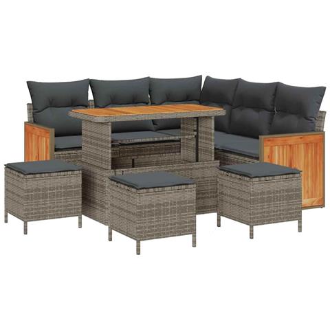 Set divano giardino  9 pezzi con cuscini grigi in rattan sintetico e acacia, Divano da giardino 2 posti  con cuscini grigi in rattan sintetico, Set pranzo giardino 4 pezzi con cuscini grigi in rattan sintetico e acacia - Foto 1