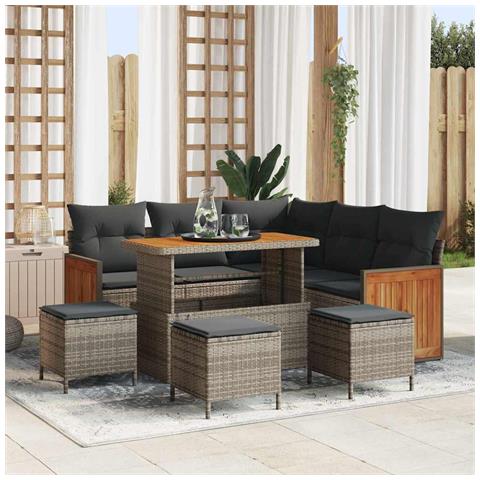 Set divano giardino  9 pezzi con cuscini grigi in rattan sintetico e acacia, Divano da giardino 2 posti  con cuscini grigi in rattan sintetico, Set pranzo giardino 4 pezzi con cuscini grigi in rattan sintetico e acacia - Foto 2