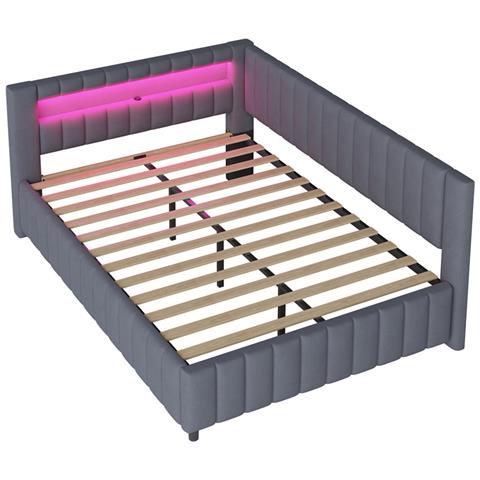 Divano-letto Imbottito 140x200cm, Con Illuminazione Led E Connessione Di Ricarica Usb, Tessuto Di Velluto, Grigio Scuro, Senza Materasso - Foto 2