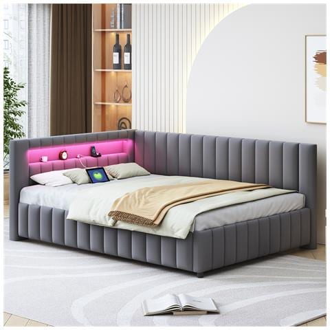 Divano-letto Imbottito 140x200cm, Con Illuminazione Led E Connessione Di Ricarica Usb, Tessuto Di Velluto, Grigio Scuro, Senza Materasso - Foto 1