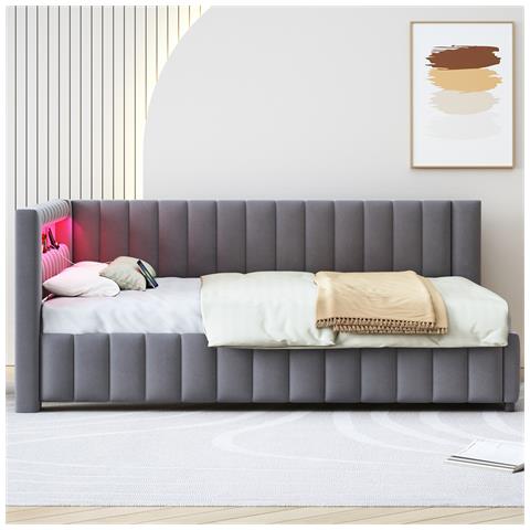 Divano-letto Imbottito 140x200cm, Con Illuminazione Led E Connessione Di Ricarica Usb, Tessuto Di Velluto, Grigio Scuro, Senza Materasso - Foto 4