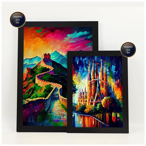 Set Di 6 Stampe Percorso In Stile Dipinto A Olio. Illustrazioni Di Monumenti E Città In Stile Fotografico A Colori. A3 & A4 Cornice Nera - Foto 2