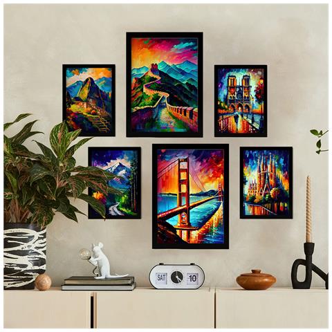 Set Di 6 Stampe Percorso In Stile Dipinto A Olio. Illustrazioni Di Monumenti E Città In Stile Fotografico A Colori. A3 & A4 Cornice Nera - Foto 5