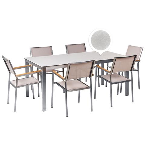 Set Da Giardino 6 Posti Vetro Temperato Bianco E Sedie Tessuto Beige 180 Cm Cosoleto /grosseto - Foto 2