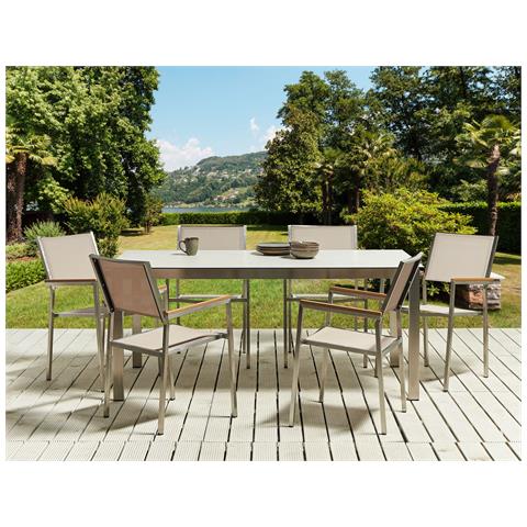 Set Da Giardino 6 Posti Vetro Temperato Bianco E Sedie Tessuto Beige 180 Cm Cosoleto /grosseto - Foto 1