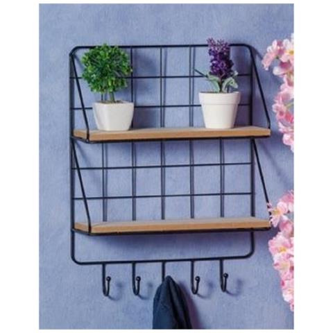 Trade Shop - Mensola Da Parete In Ferro Metallo Nero 2 Ripiani Legno 5 Ganci 30x10x40cm 661998 - Foto 1