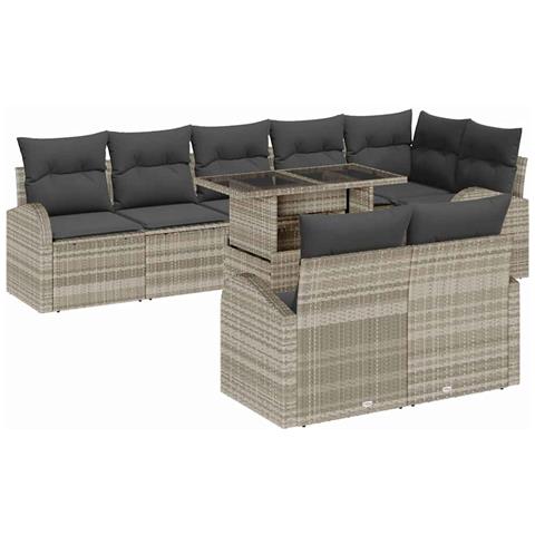 Set Divano Giardino  9 Pezzi con Cuscini Grigio Chiaro Polyrattan, Divano Giardino  2 Posti con Ripostiglio e Cuscini Grigio Chiaro Polyrattan - Foto 1