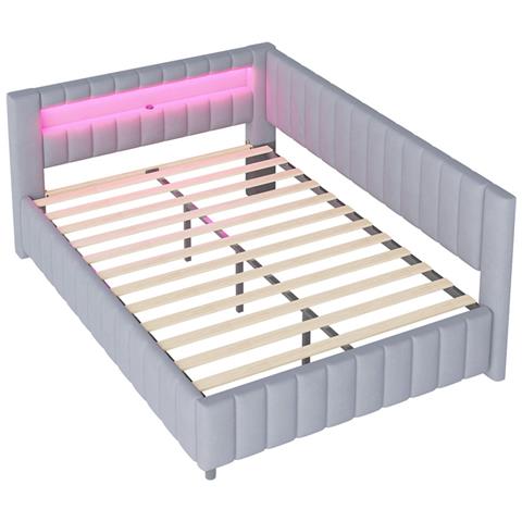 Divano-letto Imbottito 140x200cm, Con Illuminazione Led E Connessione Di Ricarica Usb, Tessuto Di Velluto, Grigio Chiaro, Senza Materasso - Foto 2