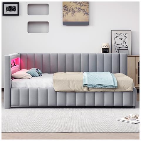 Divano-letto Imbottito 140x200cm, Con Illuminazione Led E Connessione Di Ricarica Usb, Tessuto Di Velluto, Grigio Chiaro, Senza Materasso - Foto 1