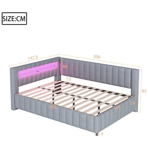 Divano-letto Imbottito 140x200cm, Con Illuminazione Led E Connessione Di Ricarica Usb, Tessuto Di Velluto, Grigio Chiaro, Senza Materasso - Foto 4