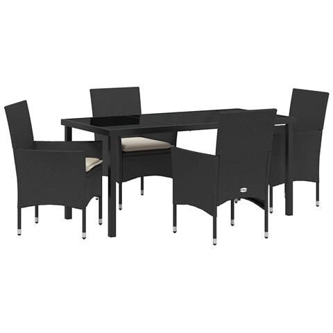 Set da Pranzo per Giardino con cuscino 5 pcs Nero Poly Rattan - Foto 1