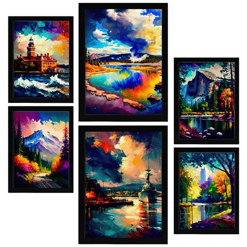 Set Di 6 Stampe Nuvole In Stile Dipinto A Olio Illustrazioni Di Monumenti E Città In Stile Fotografico A Colori Design D'interni A3 & A4 Senza Cornice - Foto 1