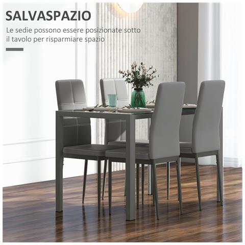 Set Da Pranzo 5 Pezzi Con 1 Tavolo Da Pranzo E 4 Sedie Moderne In Similpelle, Metallo E Vetro Temperato, Grigio - Foto 2