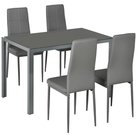 Set Da Pranzo 5 Pezzi Con 1 Tavolo Da Pranzo E 4 Sedie Moderne In Similpelle, Metallo E Vetro Temperato, Grigio - Foto 1