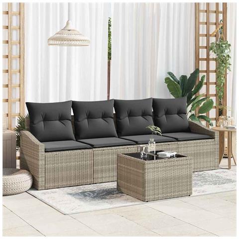 Set da pranzo da giardino 5 pezzi con cuscini grigio chiaro in polyrattan - Foto 2