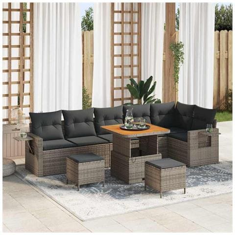 Set Divano Giardino  9 Pezzi con Cuscini Grigio Polyrattan Acacia, Set da Pranzo Giardino  3 Pezzi con Cuscini Grigio Polyrattan Acacia - Foto 2