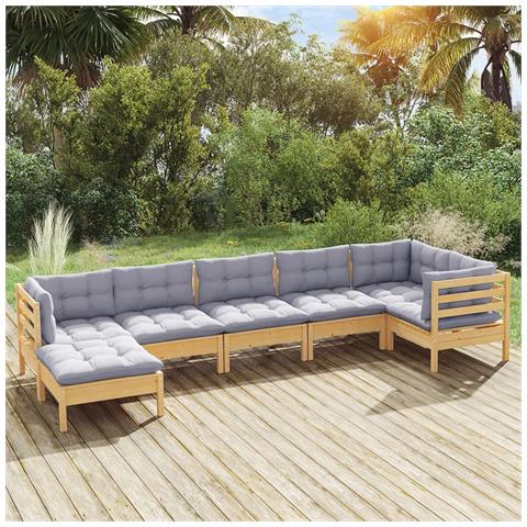 Set Divani da Giardino 7 pz con Cuscini Grigi Massello di Pino - Foto 2