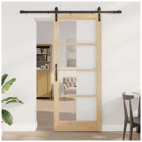 Porta Scorrevole con Set di Ferramenta 'ORKDAL'Legno Massello e Vetro - Foto 2