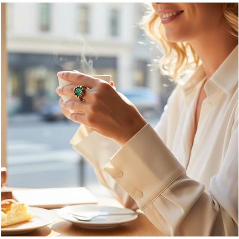 Anello Solitario In Ottone Placcato Oro Con Smeraldo E Rilievo Realizzato A Mano. Design Unico Di Gloria Mago. - Foto 2