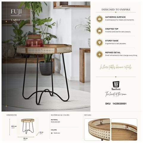 Tavolino Rotondo Fuji In Rattan E Ferro Nero — Ø 60 Cm - Foto 8