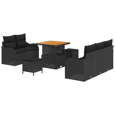 Set di Divani da Giardino 8 Pezzi con Cuscini Nero Polyrattan Acacia, Divano da Giardino per 2 Persone con Cuscini Nero Polyrattan, Set da Pranzo da Giardino 3 Pezzi con Cuscini Nero Polyrattan Acacia - Foto 1