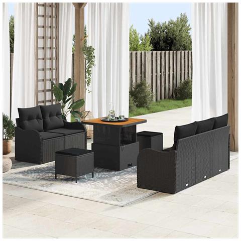 Set di Divani da Giardino 8 Pezzi con Cuscini Nero Polyrattan Acacia, Divano da Giardino per 2 Persone con Cuscini Nero Polyrattan, Set da Pranzo da Giardino 3 Pezzi con Cuscini Nero Polyrattan Acacia - Foto 2