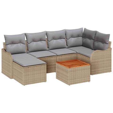 Set Divano da Giardino a 7 Pezzi con Cuscini Beige Polyrattan Acacia, Divano da Giardino per 2 Persone con Cuscini Beige Polyrattan - Foto 1