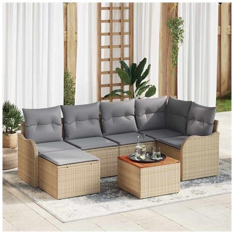 Set Divano da Giardino a 7 Pezzi con Cuscini Beige Polyrattan Acacia, Divano da Giardino per 2 Persone con Cuscini Beige Polyrattan - Foto 2