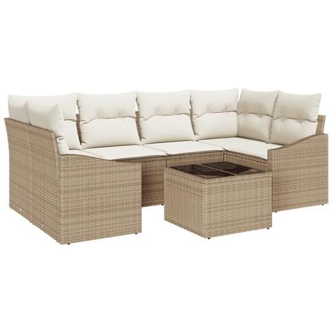 Set da Pranzo da Giardino 7 Pezzi con Cuscini Beige in Poly Rattan - Foto 1