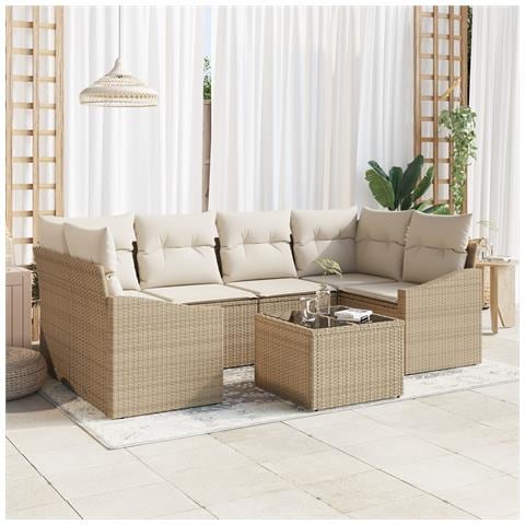 Set da Pranzo da Giardino 7 Pezzi con Cuscini Beige in Poly Rattan - Foto 2