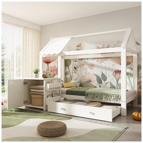 Letto Per Bambini, Letto A Casetta, 90x200cm, Letto A Terra Con Cassetti E Comodino Estraibile, Legno Massiccio, Bianco, Senza Materasso - Foto 2
