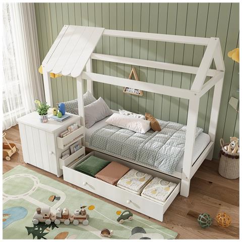 Letto Per Bambini, Letto A Casetta, 90x200cm, Letto A Terra Con Cassetti E Comodino Estraibile, Legno Massiccio, Bianco, Senza Materasso - Foto 1