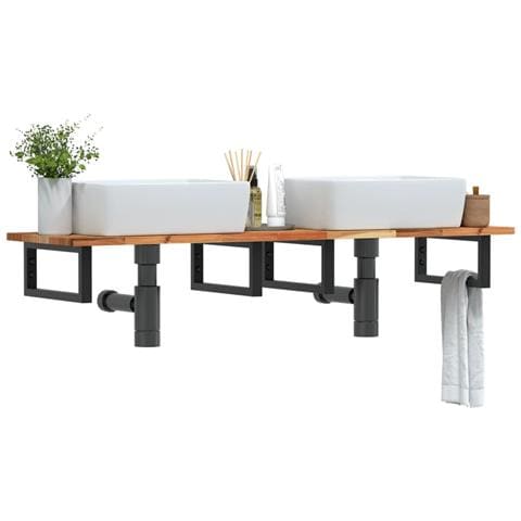 Ripiano a Parete per Lavabo in Acciaio e Massello di Acacia - Foto 2