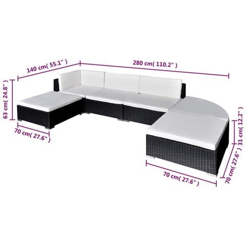Set Mobili da Giardino 6 pz con Cuscini in Polyrattan Nero - Foto 5