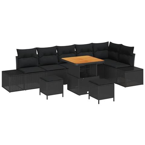 Set Divano Giardino  9 Pezzi con Cuscini Nero Polirattan Acacia, Divano Giardino  2 Posti con Cuscini Nero Polirattan, Set da Pranzo Giardino  3 Pezzi con Cuscini Nero Polirattan Acacia - Foto 1