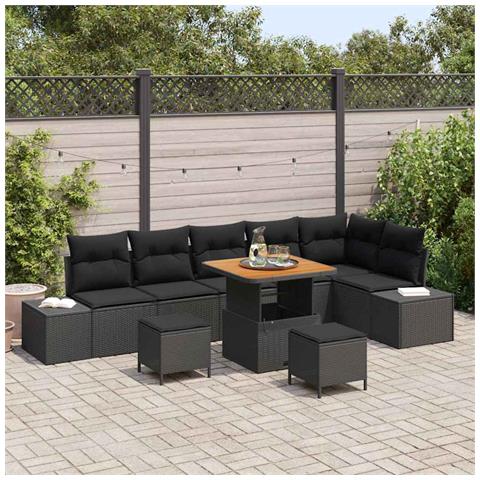 Set Divano Giardino  9 Pezzi con Cuscini Nero Polirattan Acacia, Divano Giardino  2 Posti con Cuscini Nero Polirattan, Set da Pranzo Giardino  3 Pezzi con Cuscini Nero Polirattan Acacia - Foto 2