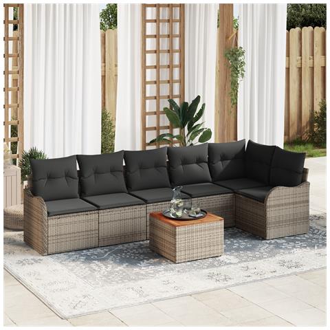 Set di Divani da Giardino da 7 Pezzi con Cuscini Grigi in Polyrattan e Acacia, Divano da Giardino da 2 Persone con Cuscini Grigi in Polyrattan - Foto 2