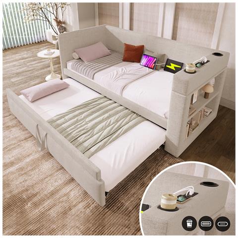 Divano Letto Imbottito 90x190 Cm, Letto Singolo Divano Letto Con Letto A Scomparsa, Braccioli Con Usb, Porta Di Ricarica Type-c E Portabicchieri, Tessuto Misto Lino, Beige, Senza Materasso. - Foto 1
