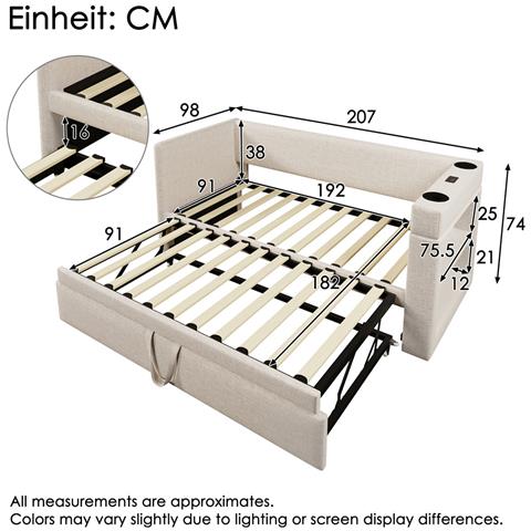 Divano Letto Imbottito 90x190 Cm, Letto Singolo Divano Letto Con Letto A Scomparsa, Braccioli Con Usb, Porta Di Ricarica Type-c E Portabicchieri, Tessuto Misto Lino, Beige, Senza Materasso. - Foto 2
